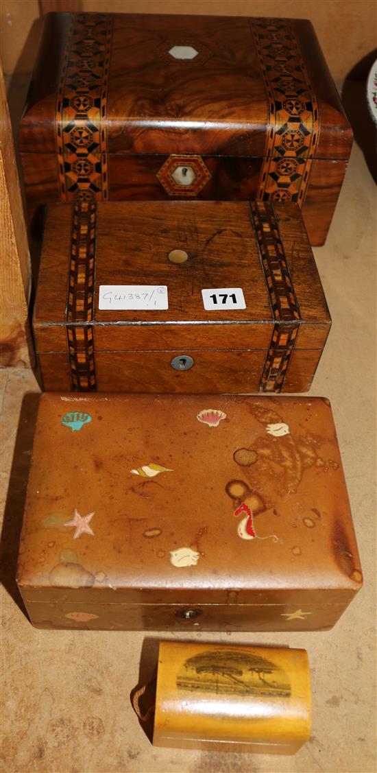 2 inlaid boxes, leather jewellery box and Meerschaum box